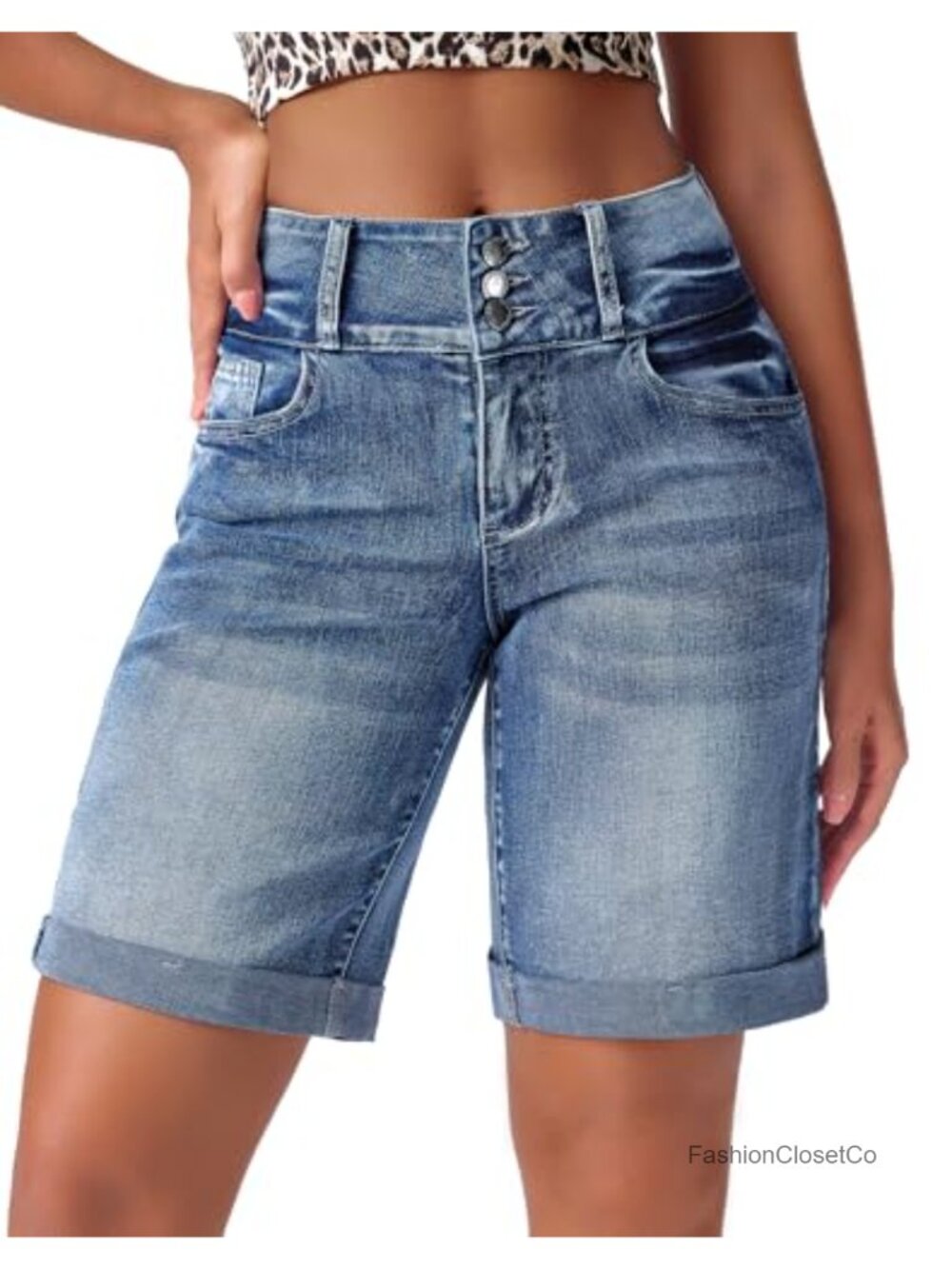 High Waisted Stretchy Wide Leg Denim Shorts Cuffed Casual Summer for Women